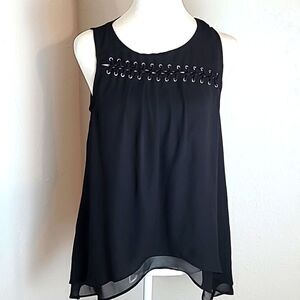 Jennifer Lopez Black Layered Top, Aysemetrical Lace-up Embellishment, Sz Small